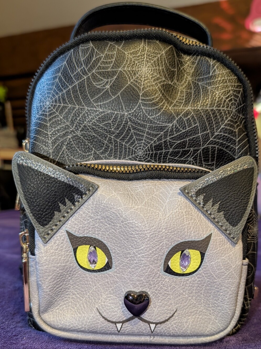 Betsey Johnson Halloween Vampire Kitty Bat Cat Mini Backpack Spiderweb Black